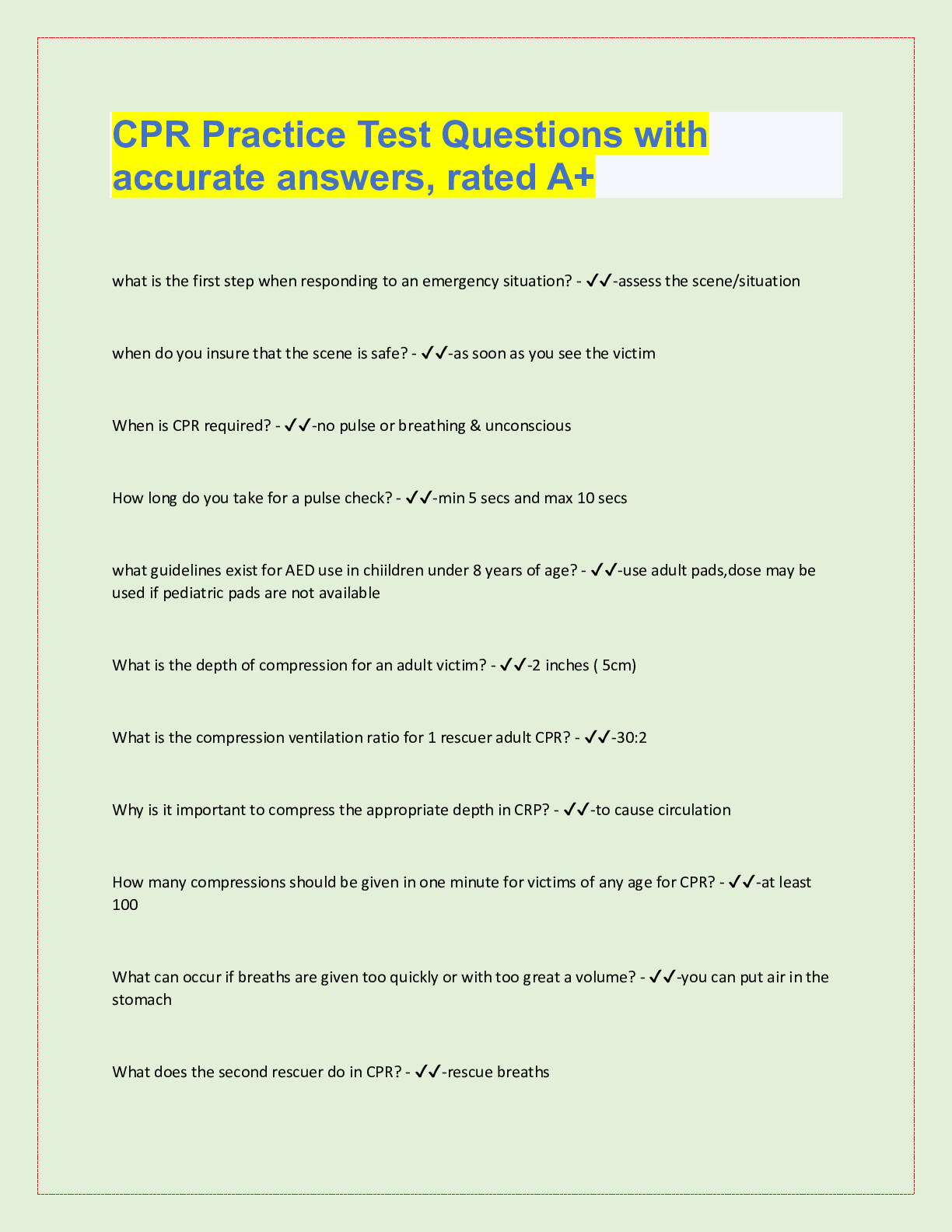 Preview image for CPR Practice Test Questions with  accurate answers, rated A+